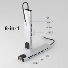 Мультифункциональный USB-хаб 8в1 расширитель с входом Type-C Addap MH-04 / HDMI/HDTV + PD + USB C + SD + TF + RJ45