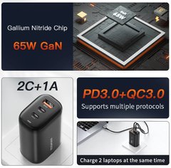 Мощное сетевое зарядное устройство Essager GaN 65W с быстрой зарядкой QC 3.0 USB + 2Type-C Black