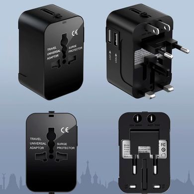 Универсальный дорожный адаптер HHT202 Сетевой переходник с двумя портами USB и защитой от перенапряжения