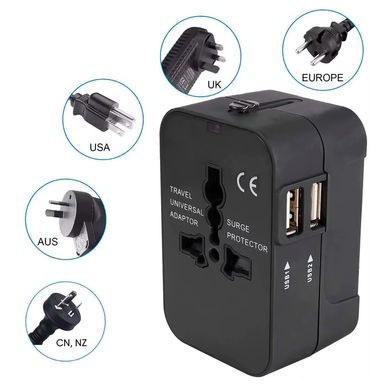 Универсальный дорожный адаптер HHT202 Сетевой переходник с двумя портами USB и защитой от перенапряжения