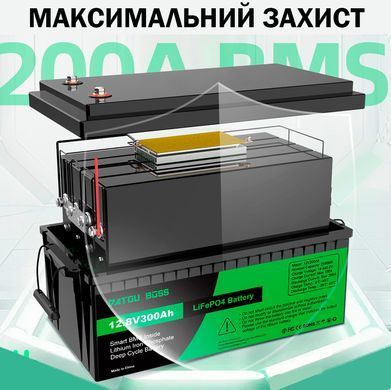Акумулятор LiFePO4 DATOUBOSS 12.8V 300Ah з BMS, літій-залізо-фосфатна батарея для ДБЖ, RV, сонячних систем, струм розряду 200A