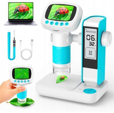 Цифровий мікроскоп з підставкою для дітей 1000x з IPS HD екраном 2", камерою та LED підсвічуванням для навчання та досліджень Блакитний