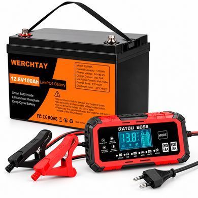 Комплект зарядки: Аккумулятор LiFePO4 Werchtay 12.8V 100Ah и Интеллектуальное зарядное устройство DATOUBOSS 12V/24V