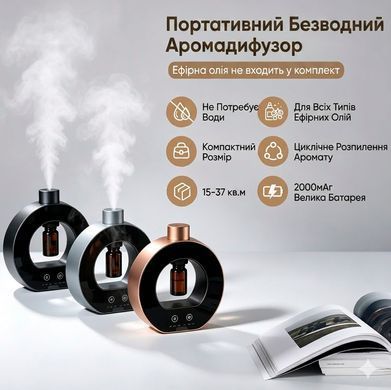 Аромадифузор для ефірних олій ультразвуковий з таймером та підсвічуванням для дому та офісу з аккамулятором Circle чорний колір