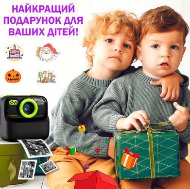 Детский фотоаппарат Цифровая камера мгновенной печати 32 Гб HD 1080P с двумя объективами + 3рул. фотобумаги Черно-зеленая