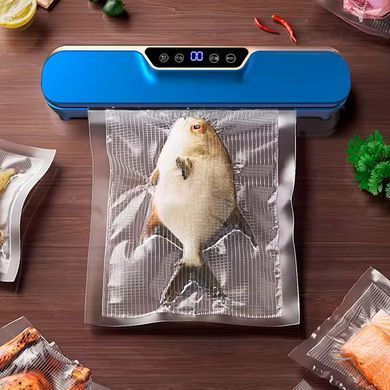 Вакуумний Пакувальник +10 пакетів Електричний Вакууматор з дисплеєм для продуктів 120 Вт Синій