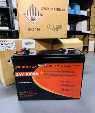 Аккумулятор LiFePO4 Werchtay 24V 100Ah с BMS, литий-железо-фосфатная батарея для ИБП, RV, солнечных систем, ток разряда 100A