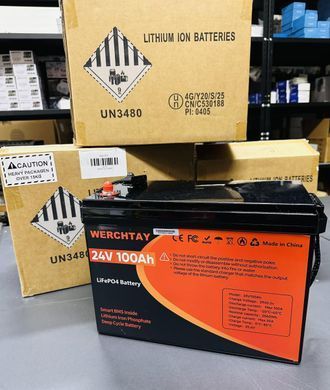 Аккумулятор LiFePO4 Werchtay 24V 100Ah с BMS, литий-железо-фосфатная батарея для ИБП, RV, солнечных систем, ток разряда 100A
