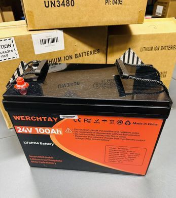 Аккумулятор LiFePO4 Werchtay 24V 100Ah с BMS, литий-железо-фосфатная батарея для ИБП, RV, солнечных систем, ток разряда 100A