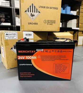 Аккумулятор LiFePO4 Werchtay 24V 100Ah с BMS, литий-железо-фосфатная батарея для ИБП, RV, солнечных систем, ток разряда 100A