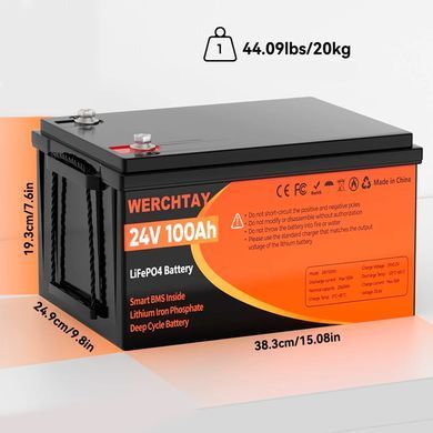 Аккумулятор LiFePO4 Werchtay 24V 100Ah с BMS, литий-железо-фосфатная батарея для ИБП, RV, солнечных систем, ток разряда 100A