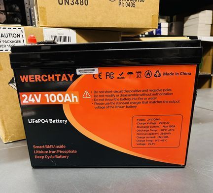 Аккумулятор LiFePO4 Werchtay 24V 100Ah с BMS, литий-железо-фосфатная батарея для ИБП, RV, солнечных систем, ток разряда 100A