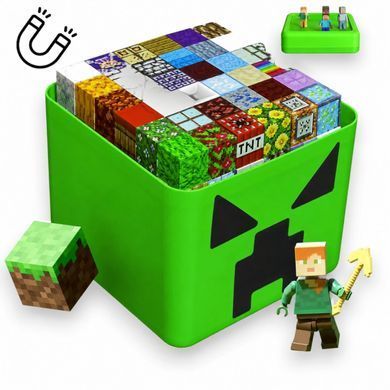 Магнитный конструктор 200 блоков + 8 фигурок Магнитные блоки в стиле Minecraft в зеленом подарочном боксе